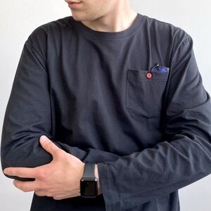ZIMMERLI SWISS BLACK CLASSIC LONG SLEEVE TEE W POCKET RED BUTTON DETAIL, M